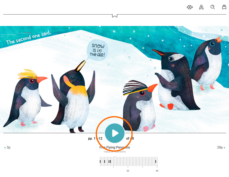 Play button in a read-along featuring five adorable penguins on a chilly day